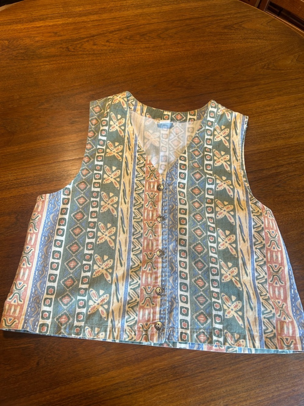 Sleeveless Printed Button-Front Vintage Blouse Vest in Green and Cream
